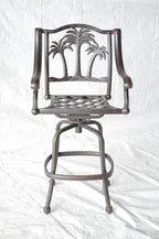 Palm Tree Outdoor Patio Set 4pc Swivel Barstools 30" H Dark Bronze Cast Aluminum, Walnut Cushions