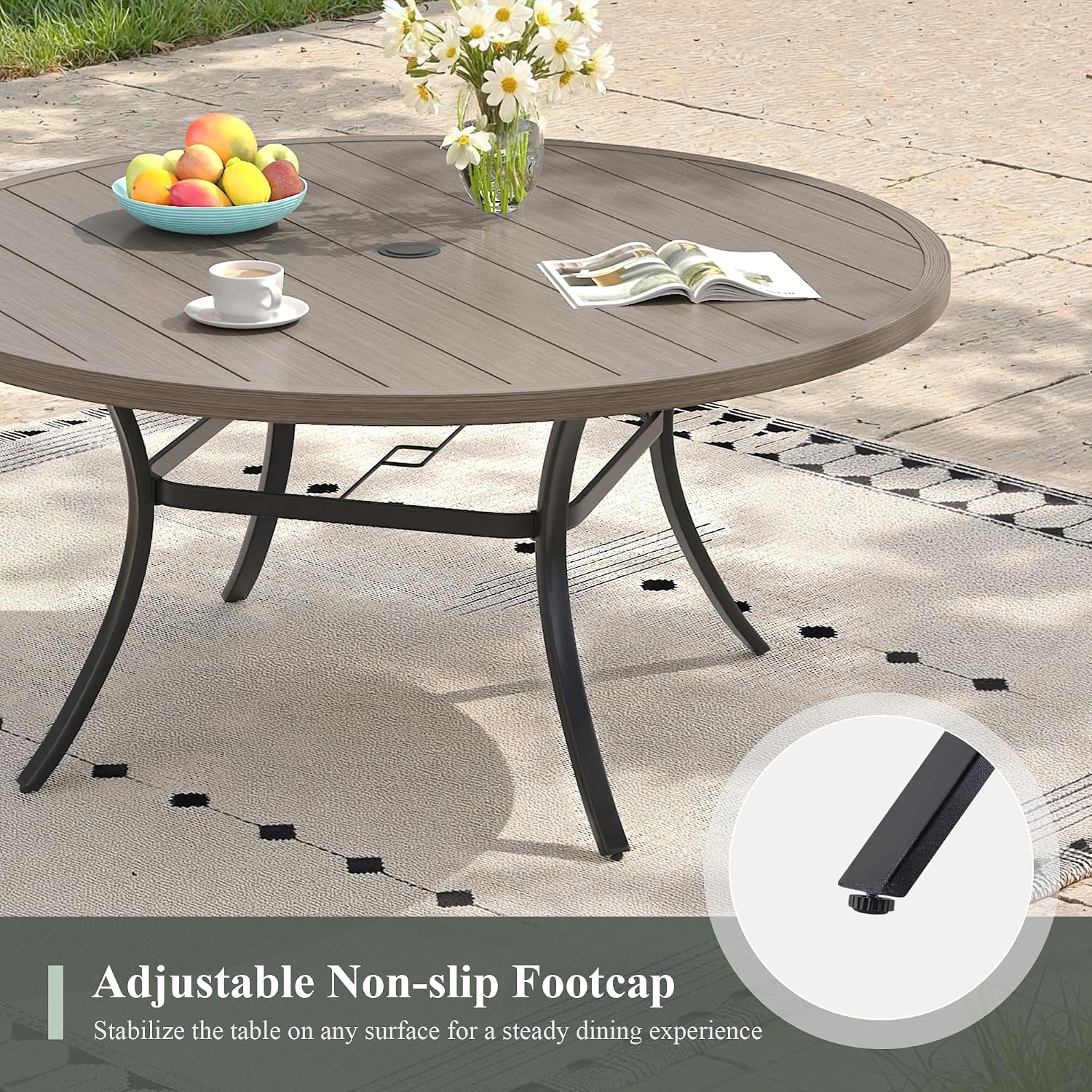 Outdoor Dining Table for 6, 50" Round Outdoor Table with Adjustable Umbrella Hole, All-Weather Metal Patio Dining Table for Lawn Garden Backyard Deck, Grey