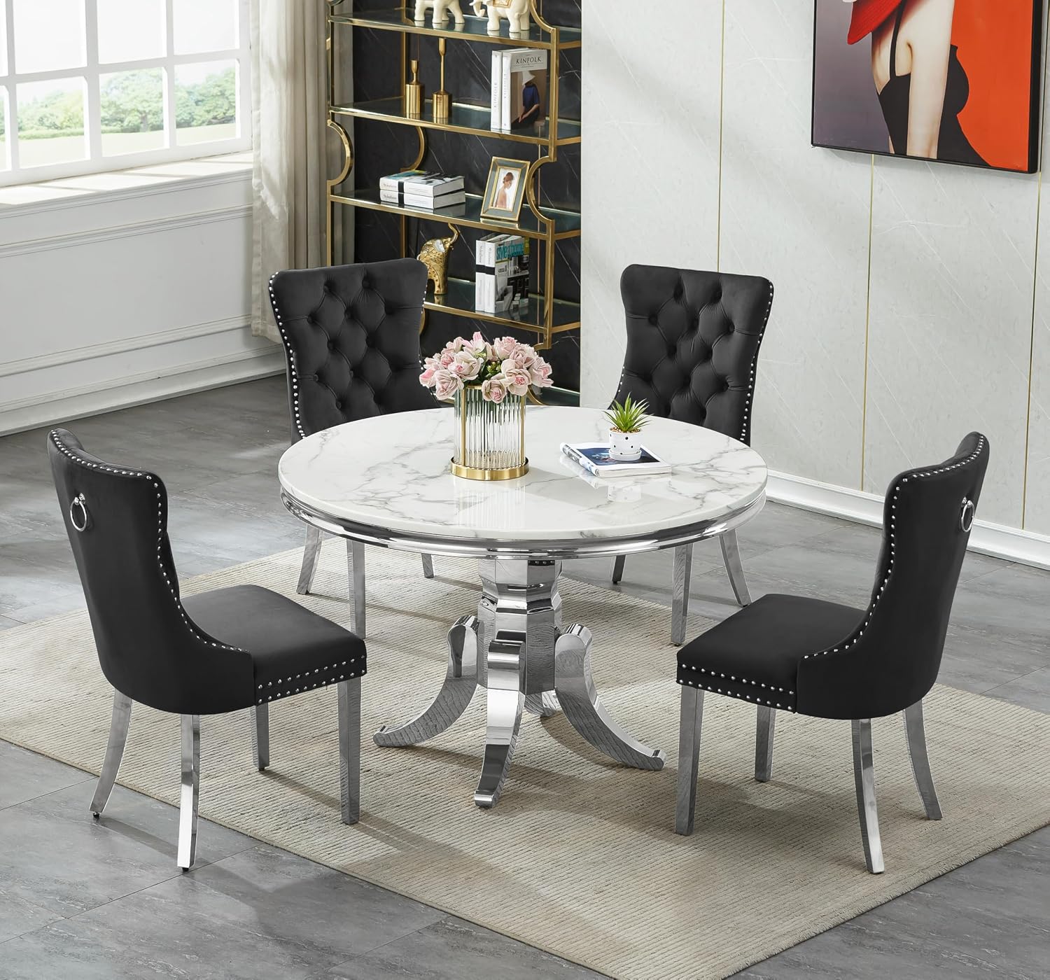 45 inch White Marble Round Dining Table for 4 to 6, Modern Round Dining Table with Faux Marble Top & Silver Stainless Steel Y Base, Luxury Marble Kitchen Dining Room Table for Dinette Party Gathering