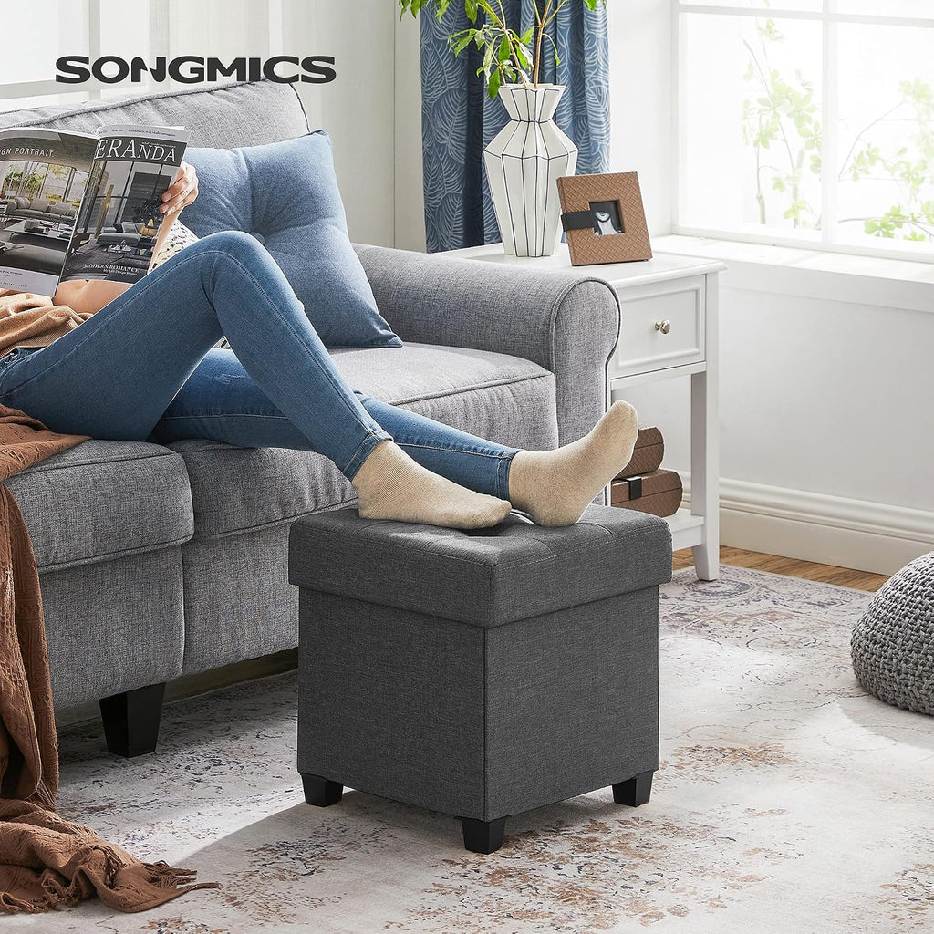 SONGMICS Storage Ottoman, Small Ottoman Foot Rest with Legs, 15 x 15 x 15.7 Inches Foot Stool, Load up to 660 lb, for Living Room, Bedroom, Dorm, Dark Gray ULSF14GYZ