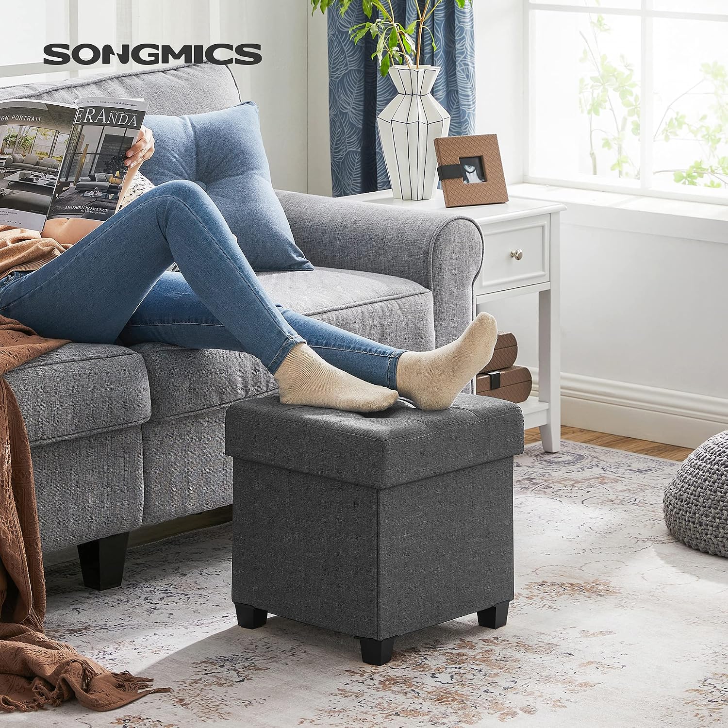 SONGMICS Storage Ottoman, Small Ottoman Foot Rest with Legs, 15 x 15 x 15.7 Inches Foot Stool, Load up to 660 lb, for Living Room, Bedroom, Dorm, Dark Gray ULSF14GYZ