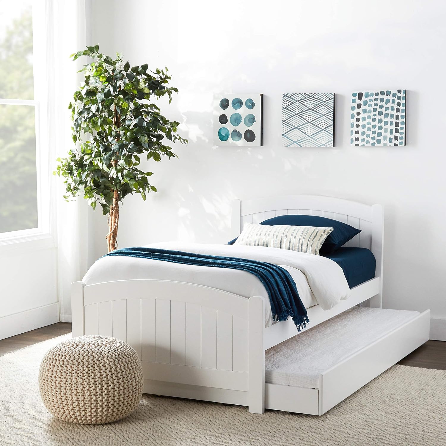 Twin Size Bed w, Trundle Slats White Pine Plywood Youth Bedroom Furniture