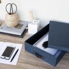 Bigso Oskar Canvas Fiberboard Document Letter Box - File Organizer Box for Important Paperwork - Document Storage with a Lid & Leather Handle - 3.3 in x 10.2 in x 13.8 in - Blue (Pack of 2)