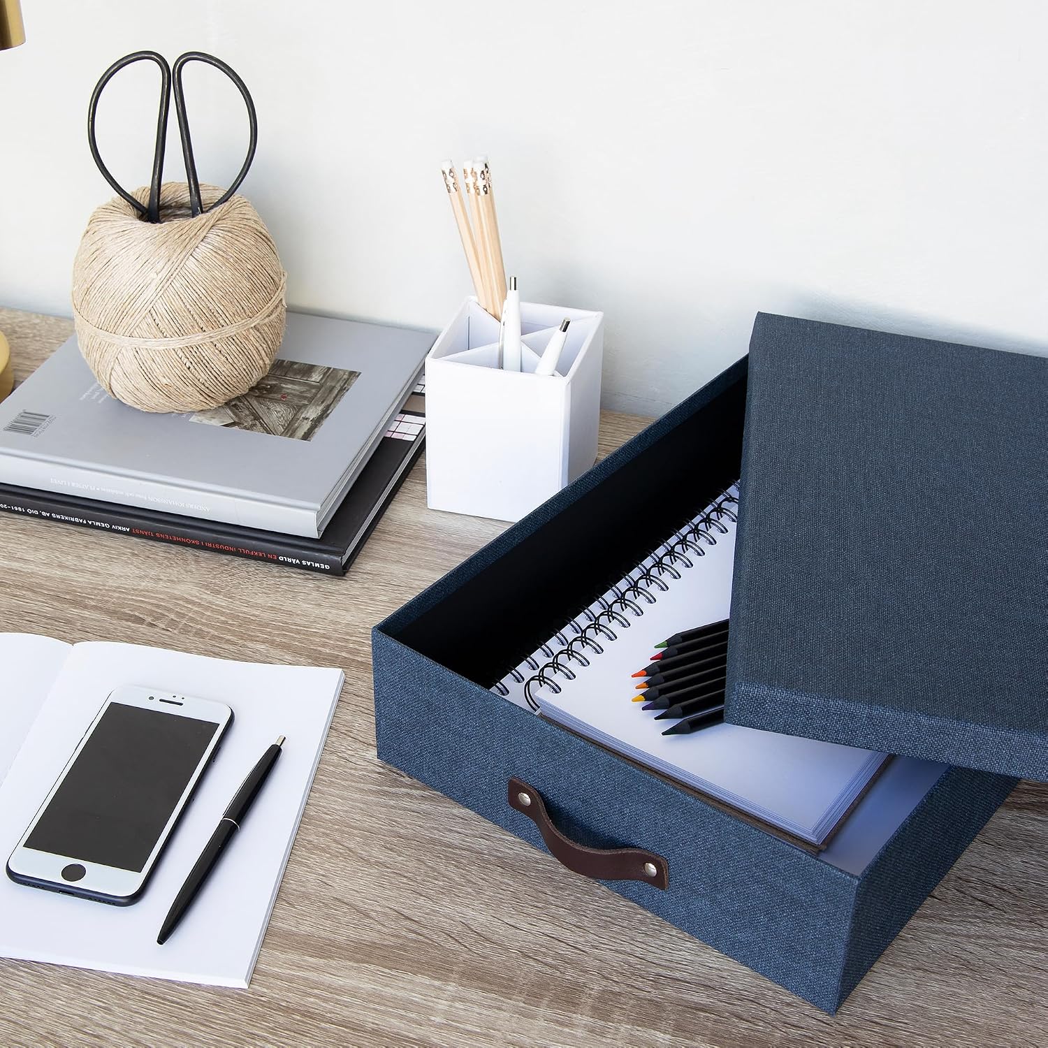 Bigso Oskar Canvas Fiberboard Document Letter Box - File Organizer Box for Important Paperwork - Document Storage with a Lid & Leather Handle - 3.3 in x 10.2 in x 13.8 in - Blue (Pack of 2)