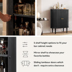 WERMO 28'' Fluted Black Bar Cabinet with Sliding Doors, Hidden Storage and Adjustable Shelf - Modern Liquor Cabinet and Narrow Wine Bar, Small Coffee Station, 28 Inch Wide Sideboard Buffet (Black Oak)