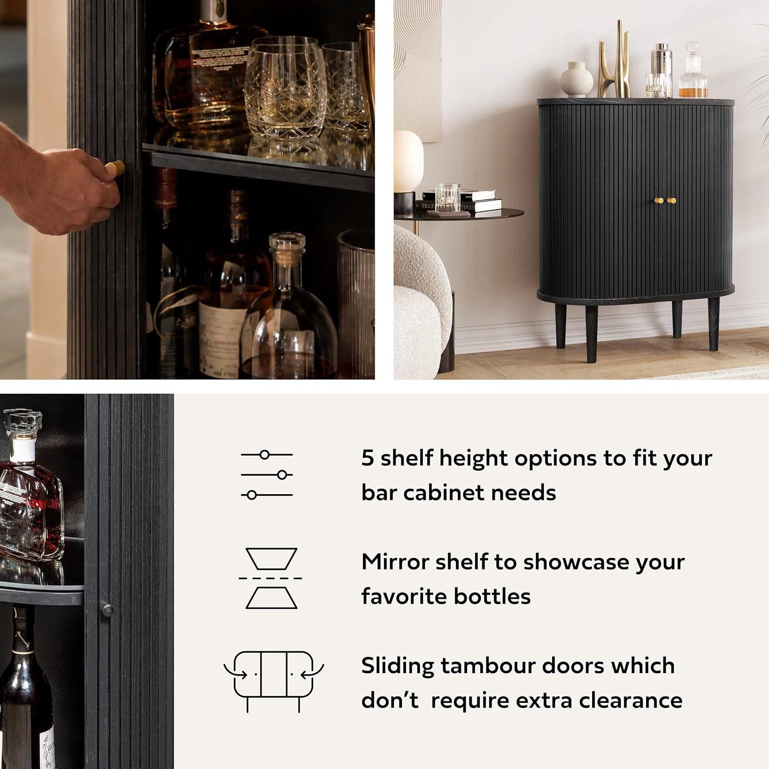 WERMO 28'' Fluted Black Bar Cabinet with Sliding Doors, Hidden Storage and Adjustable Shelf - Modern Liquor Cabinet and Narrow Wine Bar, Small Coffee Station, 28 Inch Wide Sideboard Buffet (Black Oak)