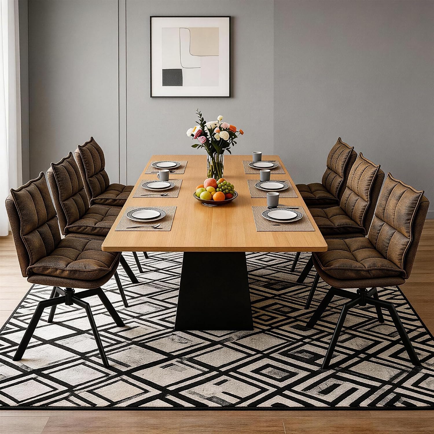KEEZY Swivel Dining Chairs Set of 2, Mid-Century Modern Chairs with PU Leather, High Back with High-Density Stuffed PP Cotton & Automatic Swivel Metal Legs, Suitable for Kitchen & Living Room（Brown）