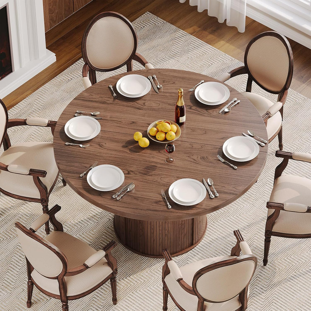 Round Dining Table for 4-6 Seats, 47" Circle Kitchen Table with Storage Drawer, Modern Mid-Century Pedestal Dinner Tables, Fluted Wood Base, Space Saving Dining Room Furniture for Family Party, Walnut