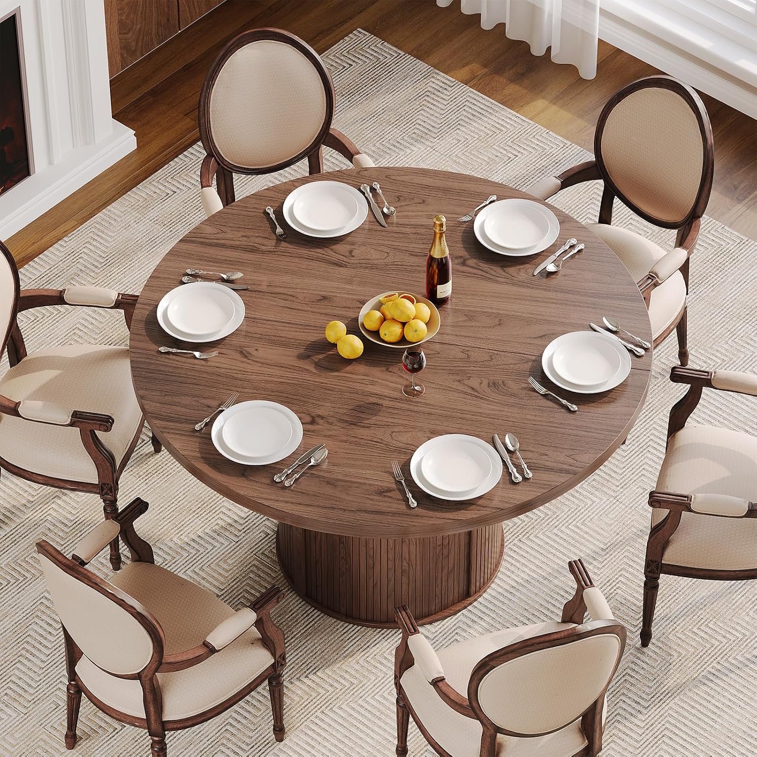 Round Dining Table for 4-6 Seats, 47" Circle Kitchen Table with Storage Drawer, Modern Mid-Century Pedestal Dinner Tables, Fluted Wood Base, Space Saving Dining Room Furniture for Family Party, Walnut