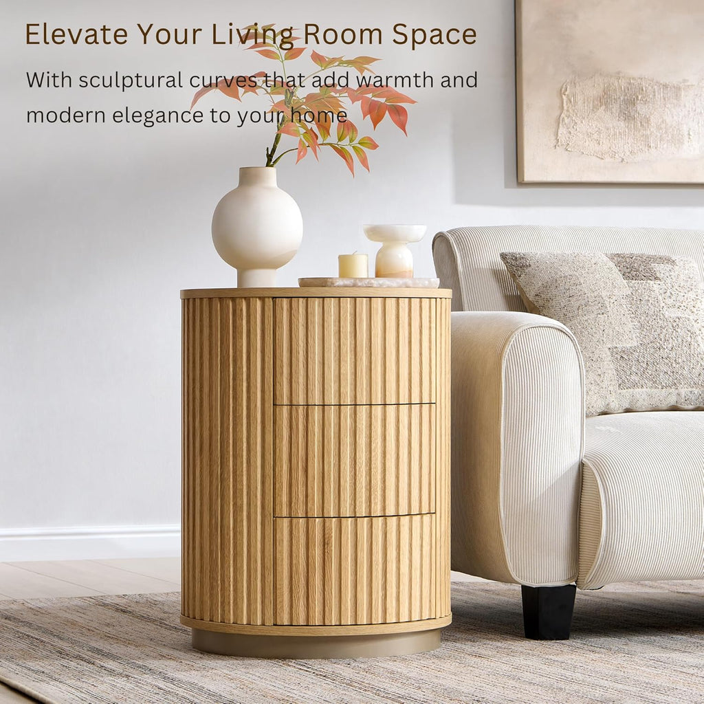 JXQTLINGMU Fluted Nightstand Set of 2 with 3 Push-to-Open Drawers, 24" Tall Round Side Table, Modern Wood End Table for Bedroom, Living Room or Small Spaces, Natural Oak