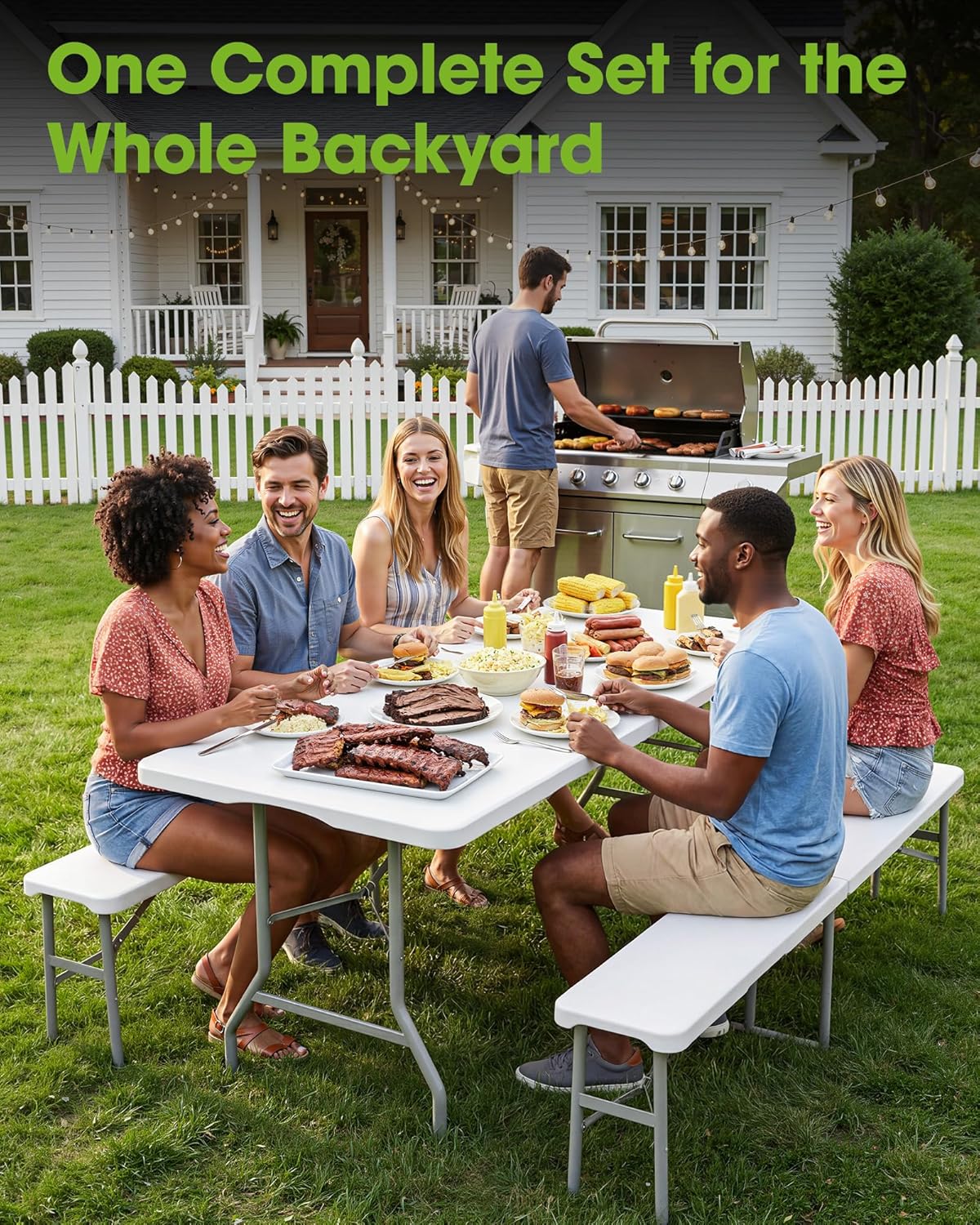 Pureegg Folding Table and Chairs Set - Sturdy 6FT Folding Table with 2 Chairs, No Assembly Required, Portable Camping Table with Carry Handle for Dining, Party, White