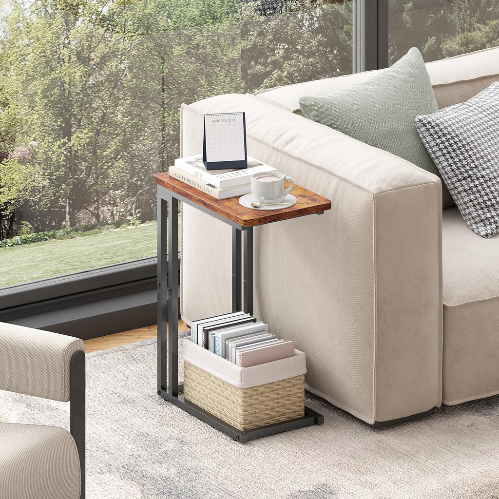 Yusong C Shaped End Table - Slide Under Sofa Couch Bed, Small Table for Small Spaces, Skinny Overbed, Coffee Drink Snack Table for Living Room, Rustic Brown