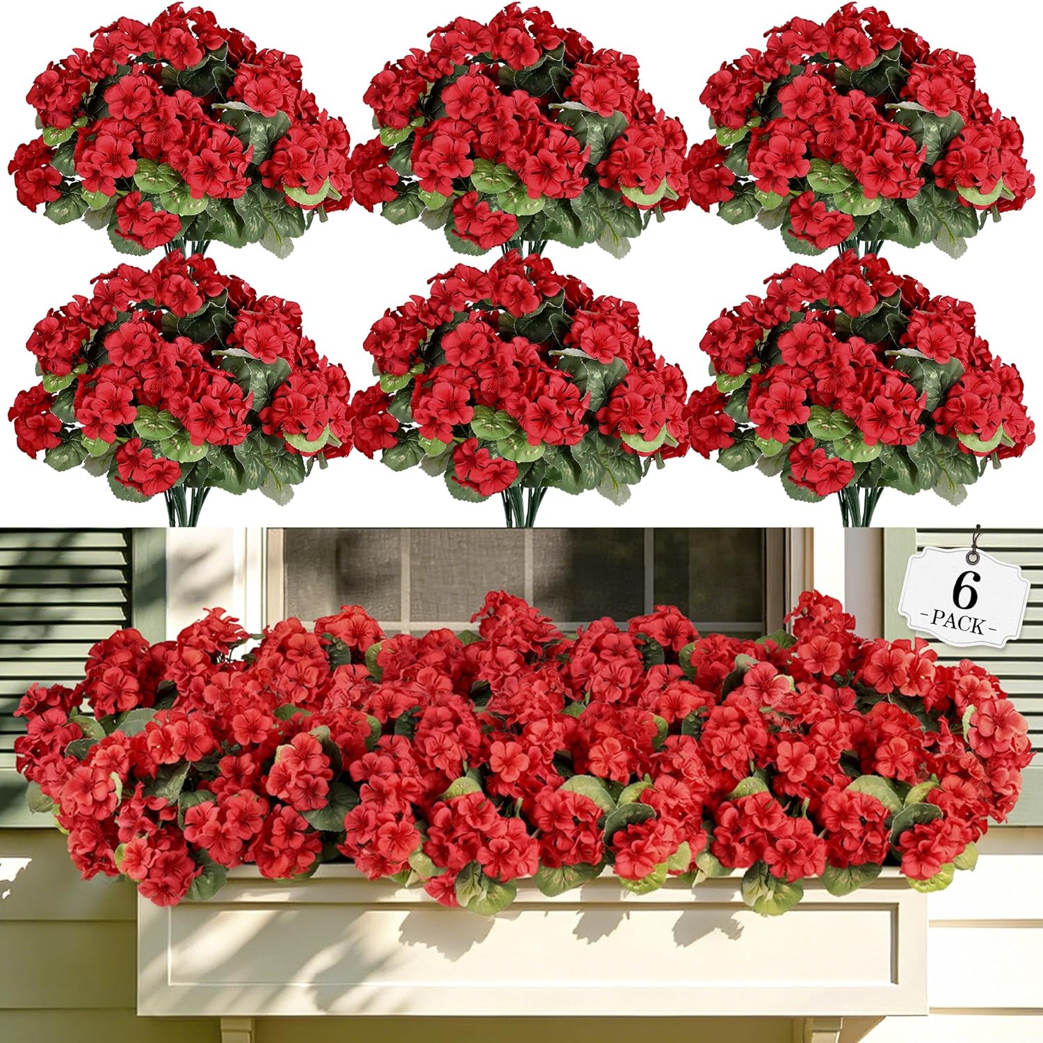 Artificial Flowers for Outdoors, 6 Bundles Realistic Faux Silk Red Geraniums Flowers UV Resistant No Fade Fake Plants for Outside Planter Christmas Front Porch Garden Patio Balcony Yard Decor