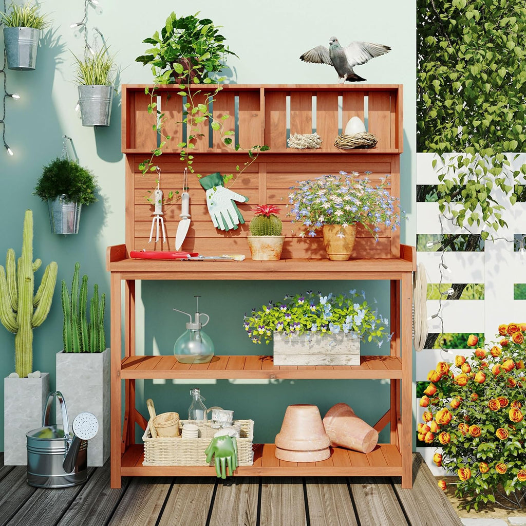 Large Wooden Farmhouse Rustic Outdoor Patio Workstation Potting Bench Table with 4 Storage Shelves and Side Hook -Natural, Natrual