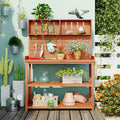 Large Wooden Farmhouse Rustic Outdoor Patio Workstation Potting Bench Table with 4 Storage Shelves and Side Hook -Natural, Natrual