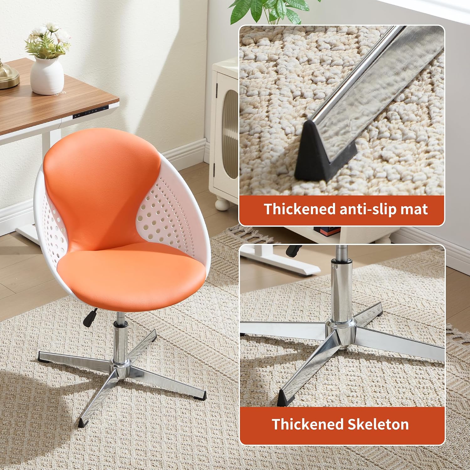 VipDesk Swivel Accent Office Chairs Set of 2, Modern Soft Foam Lounge Chair with Egg Back, Comfy Adjustable Chair for Living Room Bedroom Reading Room Office, Chrome Base - Orange