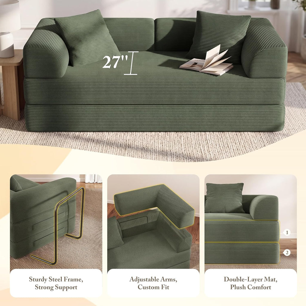 Cloud Boneless Couch Futon Sofa Bed, 5-in-1 Convertible Sofa Bed Pull Out Couch Sleeper Sofa Compressed Loveseat, 70" High-Density Sponge & Corduroy Fabric Futon Daybed for Living Room Bedroom(Green)
