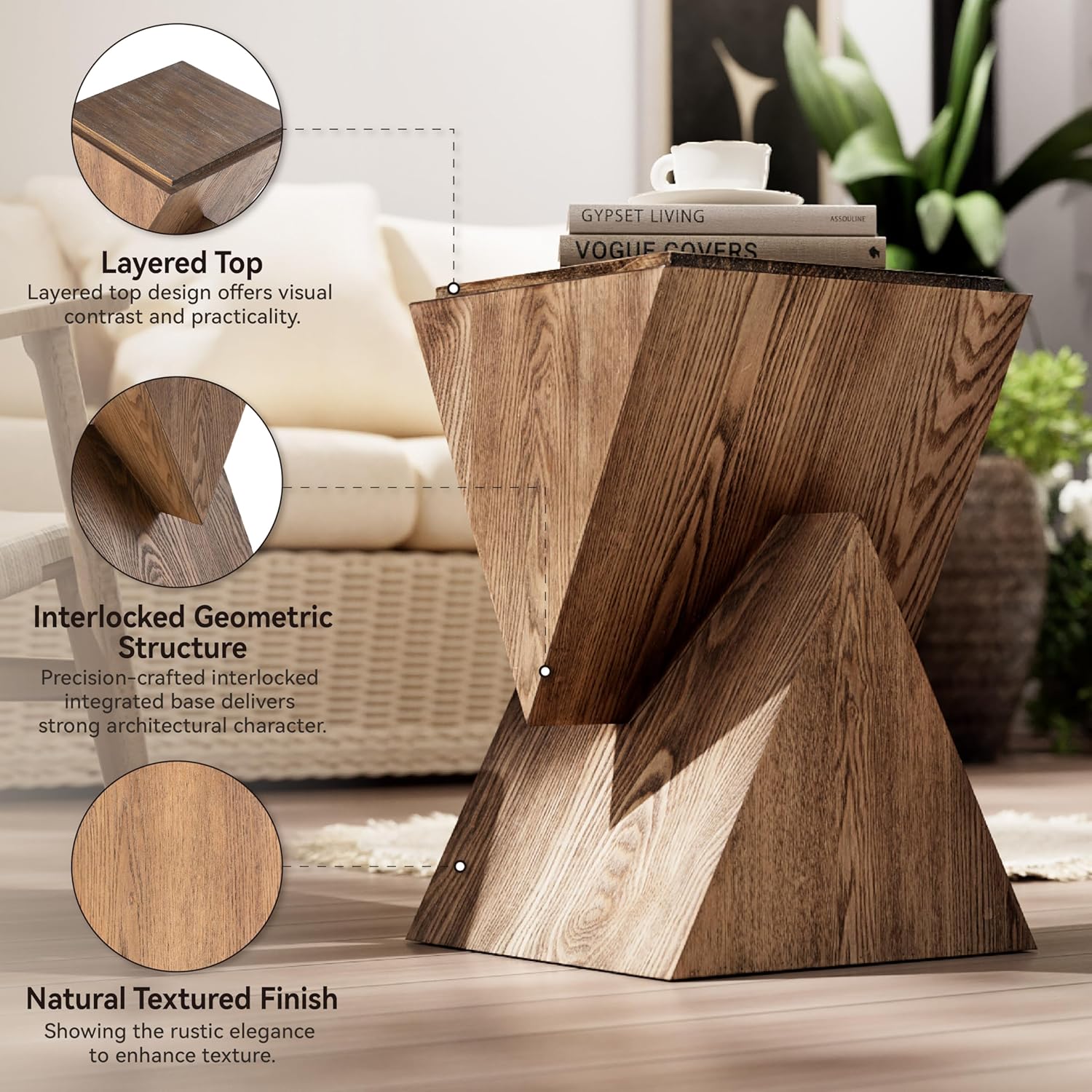 COZAYH Modern Geometric Wood Grain End Table, Fully Assembled, Brown | Farmhouse Structural Design Side Table with Sculptural Pedestal Base for Living Room, Bedroom, Office