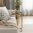Farmhouse C Shaped End Table with Distressed Wood & Metal Woven Tray Top, Modern Slim Snack Side Table with Metal Base, Gold