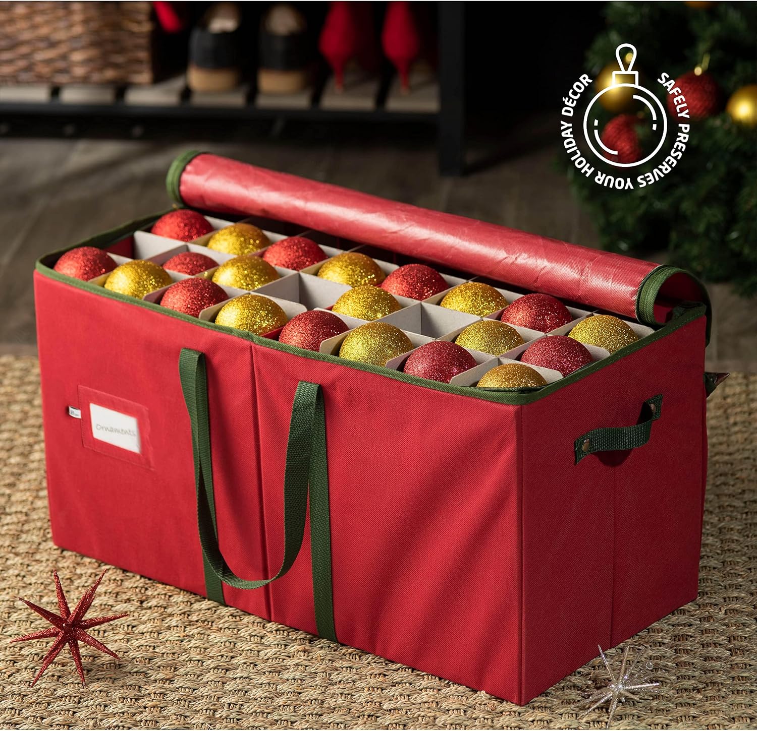 Christmas Ornament Storage Box 128 Capacity - Durable Tear-Proof Fabric Organizer with Adjustable Dividers & Dual Zipper for 3 Inch Christmas Ornament Storage, Red Large Ornament Storage Box