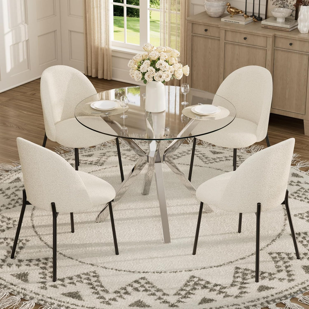 Modern Dining Table, 36 Inch Round Dinner Table for 2-4, Glass Dining Table with Cross Metal Base, Modern Clear Tempered Glass Kitchen Table for Home Dining Room Living Room(Silver Legs)