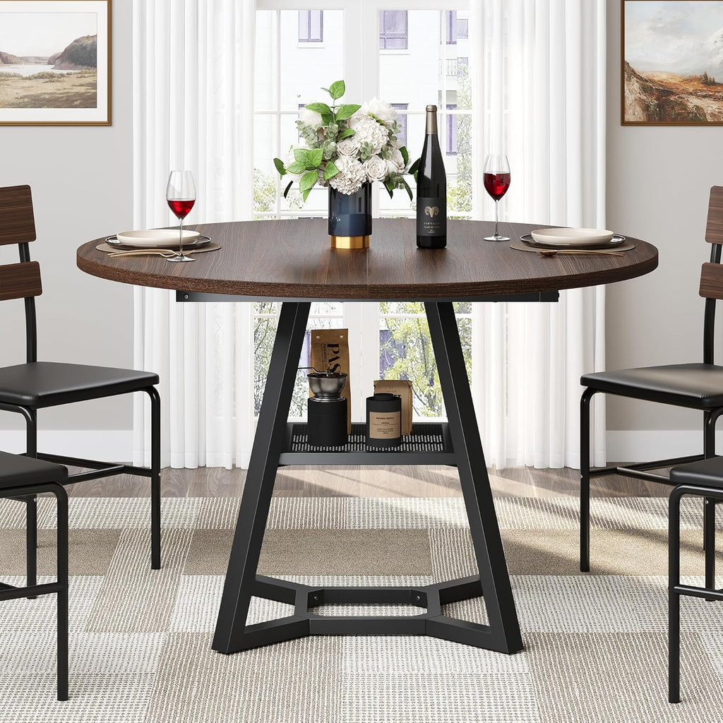 knoworld 43" Round Dining Table for 4, Kitchen Tables Dining Room Circle Dinner Table with Pedestal Metal Frame, Space Saving Wood Industrial Kitchen & Dining Room Tables, Walnut 43In