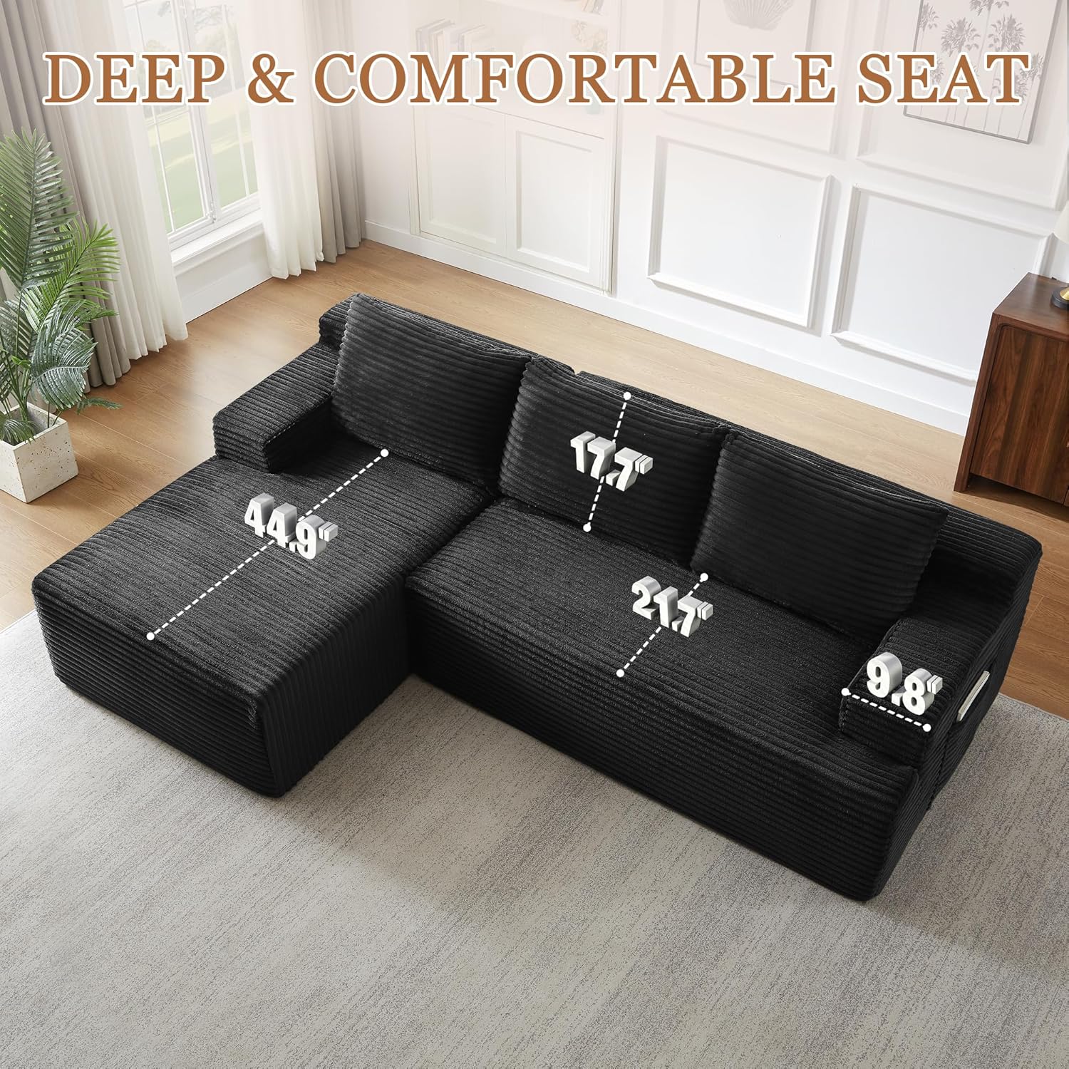 96" L Shaped Cloud Sectional Couch with Chaise, Deep Seat Modular Sectional Sofa Corduroy Memory Foam Sofa Boneless Couches for Living Room Bedroom, No Assembly Required | Breathable material