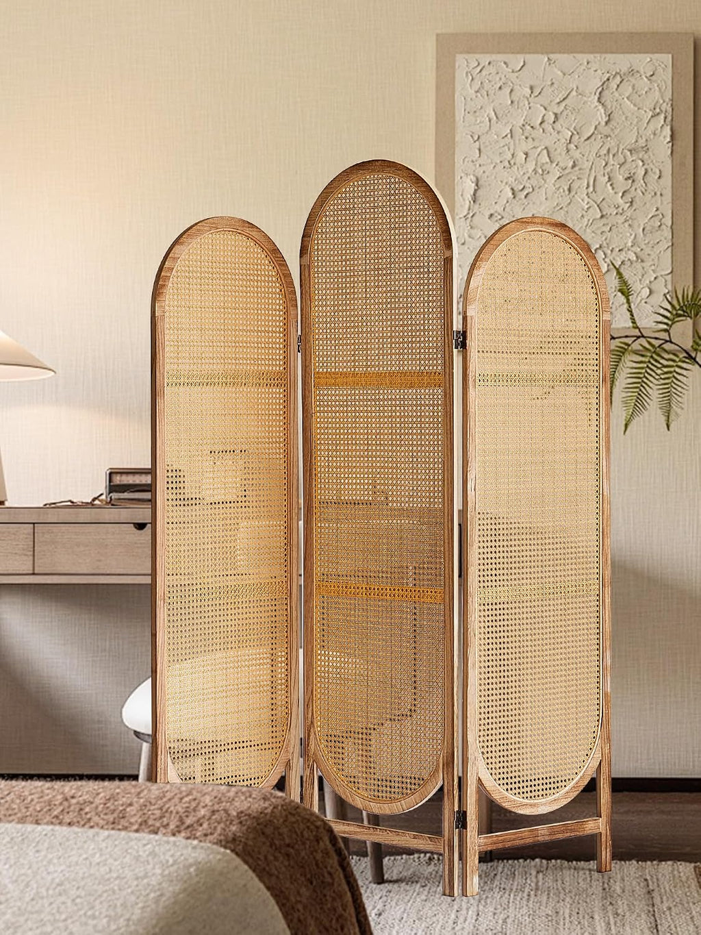 3 Panel Room Dividers and Folding Privacy Screens, Wooden Room Divider with Bi-Directional Hinge, Pre-Assembled Hand-Made Rattan Privacy Dividers for Balcony, Bedroom, Hotel Decorations