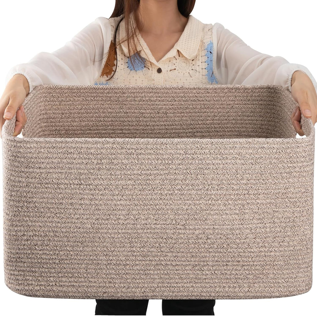 OIAHOMY 75L Large Woven Cotton Rope Storage Basket with Handle for Organizing Blanket and Toys for Living Room, Nursery, Brown Variegated 22”x17”x12”