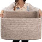 OIAHOMY 75L Large Woven Cotton Rope Storage Basket with Handle for Organizing Blanket and Toys for Living Room, Nursery, Brown Variegated 22”x17”x12”