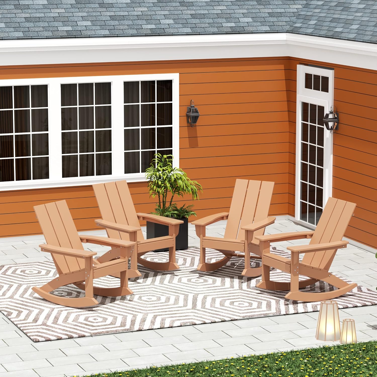 HDPE Shoreside Modern Rocking Poly Adirondack Chair (Set of 4),Teak