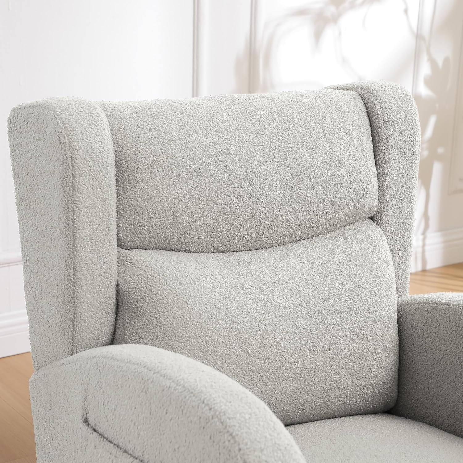 Nursery Rocking Chairs,Upholstered Rocking Chair Nursery for Mom Rocker with High Backrest and Solid Wood Legs,Modern Indoor Rocking Chair for Living Room Bedroom Adults (Teddy Light Grey)