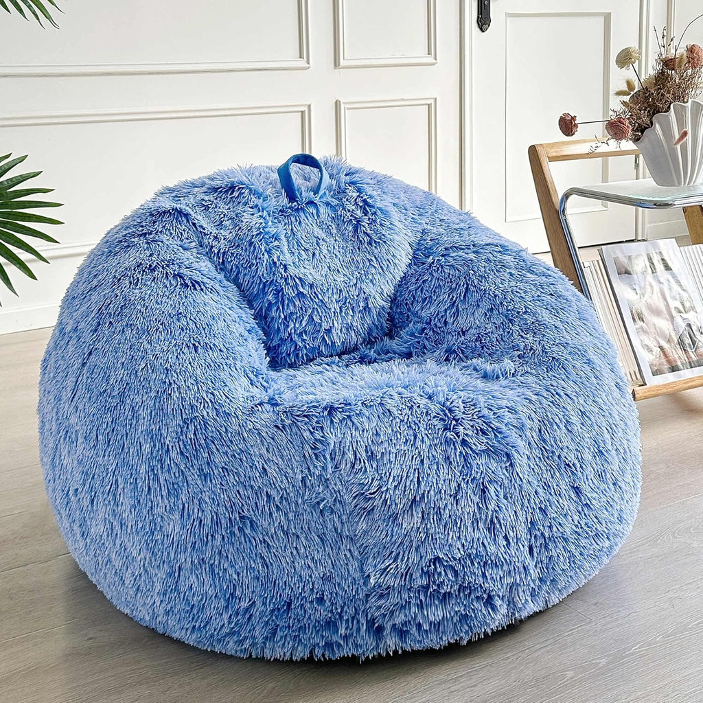 LIFEREVO Fluffy Faux Fur Bean Bag Chair Cover Blue (No Filler), Ultra-Soft Stuffed Animal Storage Bean Bag Kids Adults, Premium Anti-Slip Furry Beanbag Cover for Plush Toys Memory Foam (Ombre Blue)