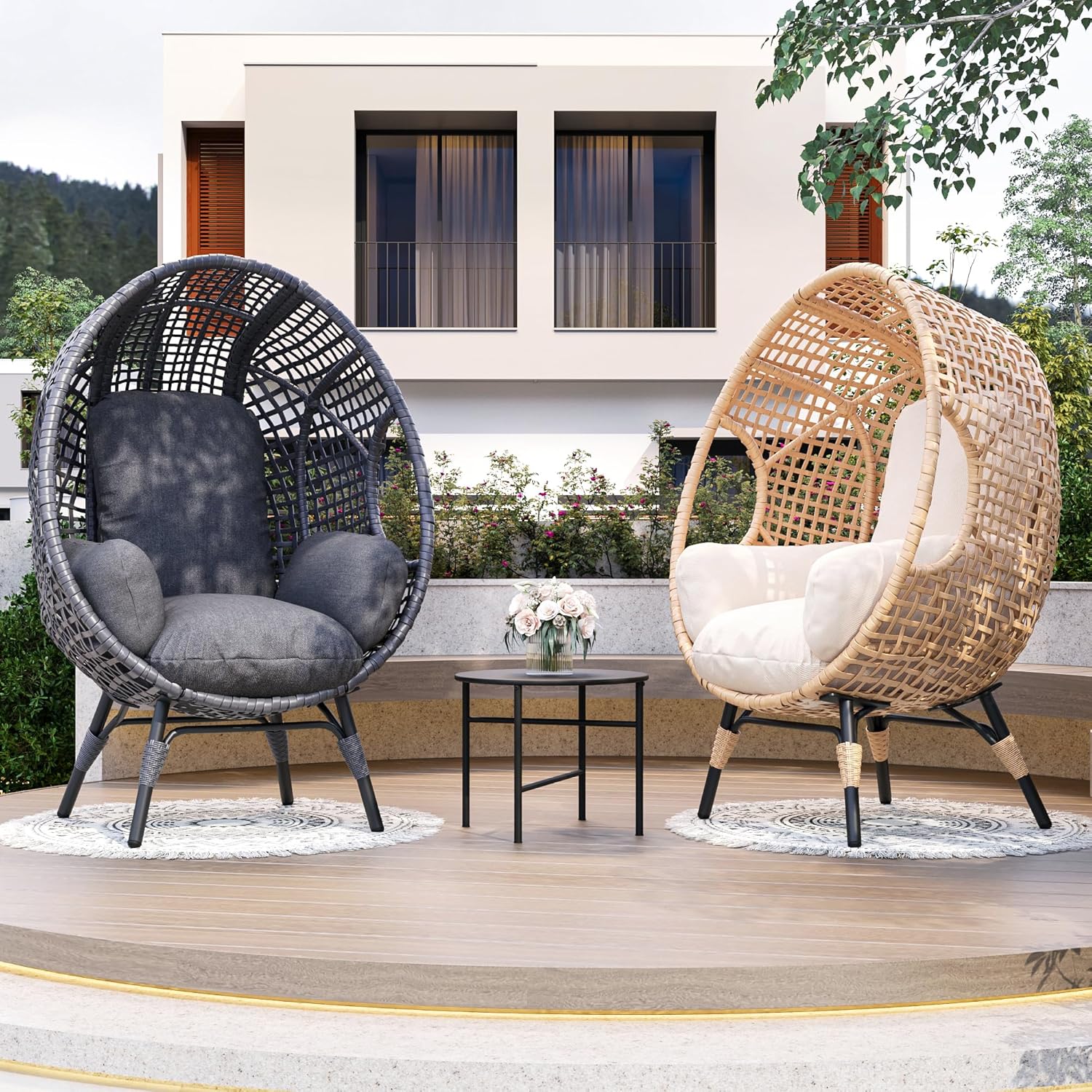 2 pcs Oversized Wicker Egg Chair Outdoor Indoor - Rattan Patio Egg Lounge Chairs with Cushion 500lbs Capacity for Living Room, Balcony, Backyard
