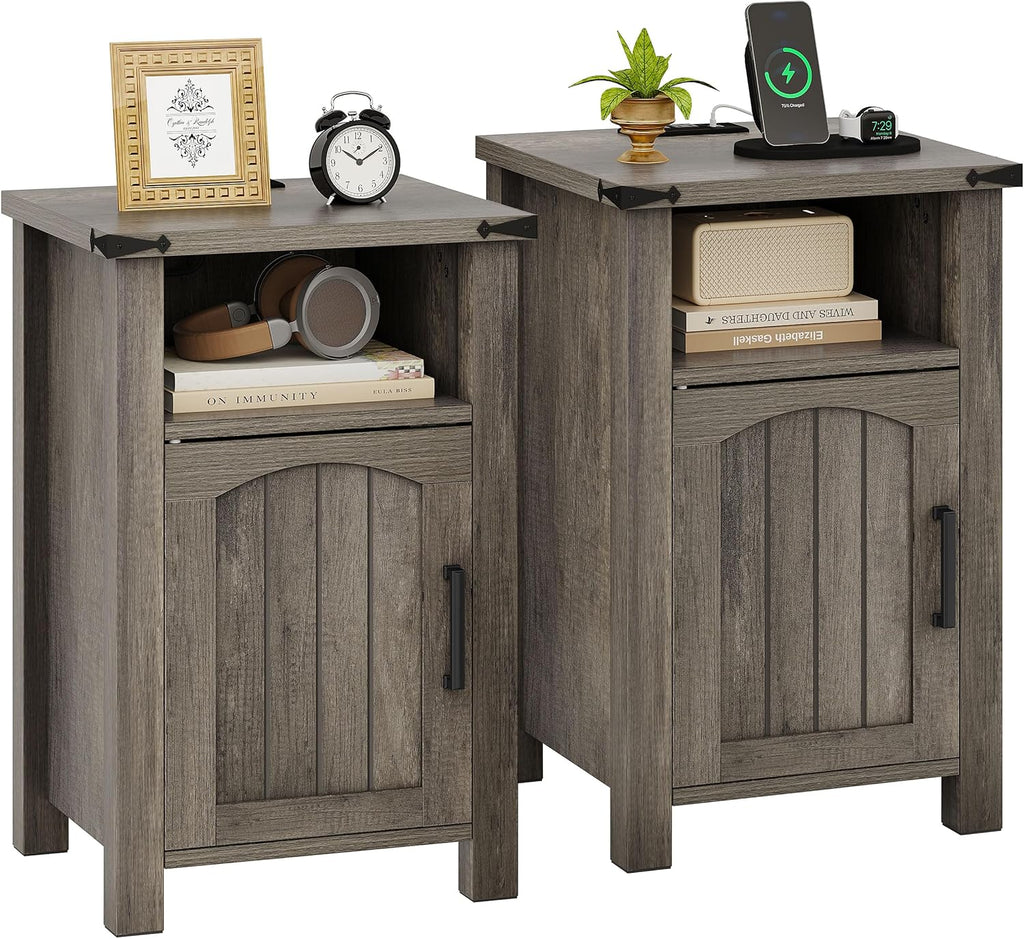 Farmhouse Nightstand with Charging Station, Set of 2 End Table with USB/Type-C Ports and Power Outlets, Rustic Bedside Table with Large Storage and Open Shelf, Modern Side Table for Bedroom, Gray