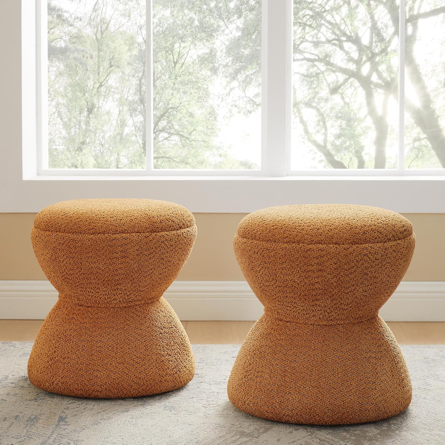 VANOMi Multi-Functional Boucle Ottoman, Set of 2, Vanity Stool Chair, Sturdy Wooden Footstool, Suitable for Living Room, Bedroom, and Entryway, Without Installation, Curry