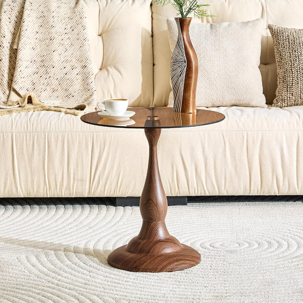 KEIKI Modern Side Table with Tempered Glass Top, Round Metal End Table for Living Room Bedroom Balcony, Small Accent Coffee Table for Sofa Side Bedside, 19.6", Walnut
