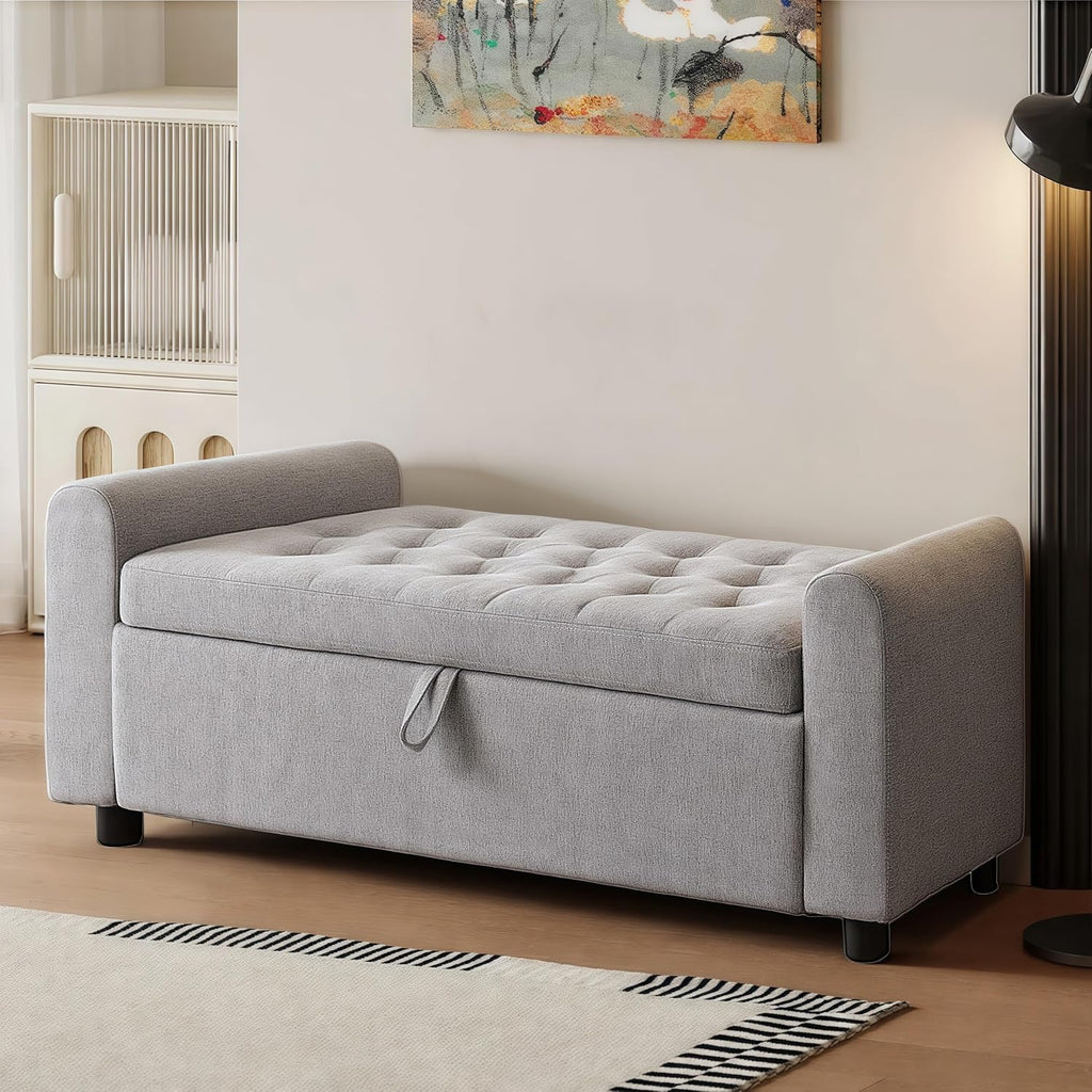 48" Ottoman with Storage, Tufted Storage Ottoman Bench, Convenient Living Room Fabrics Bench Seat, Entryway Shoe Benches with Inner Zipper & Arm, Rivetless Upholstered Window Seat Ottomans, Light Grey