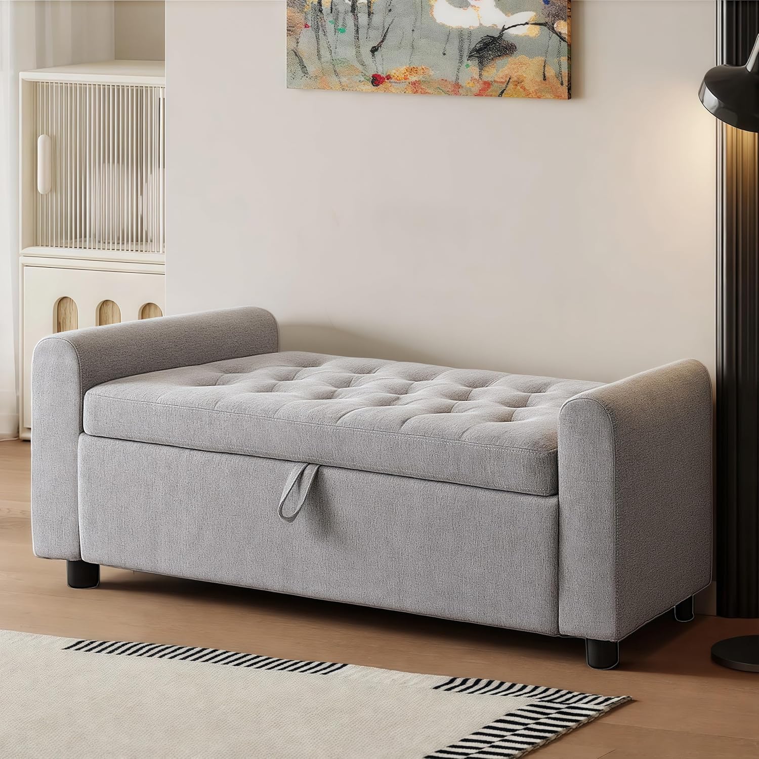 48" Ottoman with Storage, Tufted Storage Ottoman Bench, Convenient Living Room Fabrics Bench Seat, Entryway Shoe Benches with Inner Zipper & Arm, Rivetless Upholstered Window Seat Ottomans, Light Grey