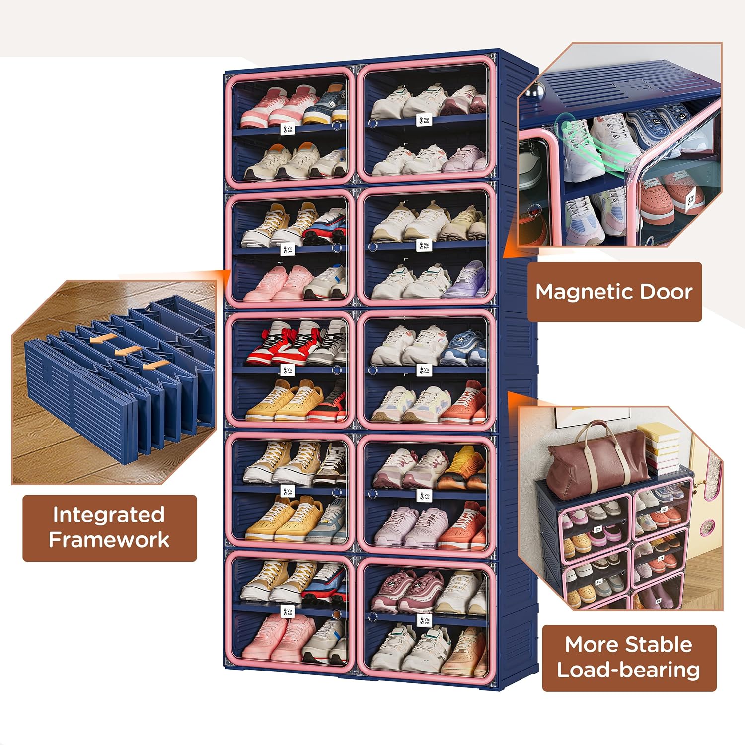 Vipbox Foldable Shoe Rack Organizer with 10-Tier Storage, Easy No-Tool Assembly Shoe Cabinet with Magnetic Clear Doors, Large Capacity 40 Pairs Collapsible Shoe Storage for Entryway, Bedroom， Hot Pink