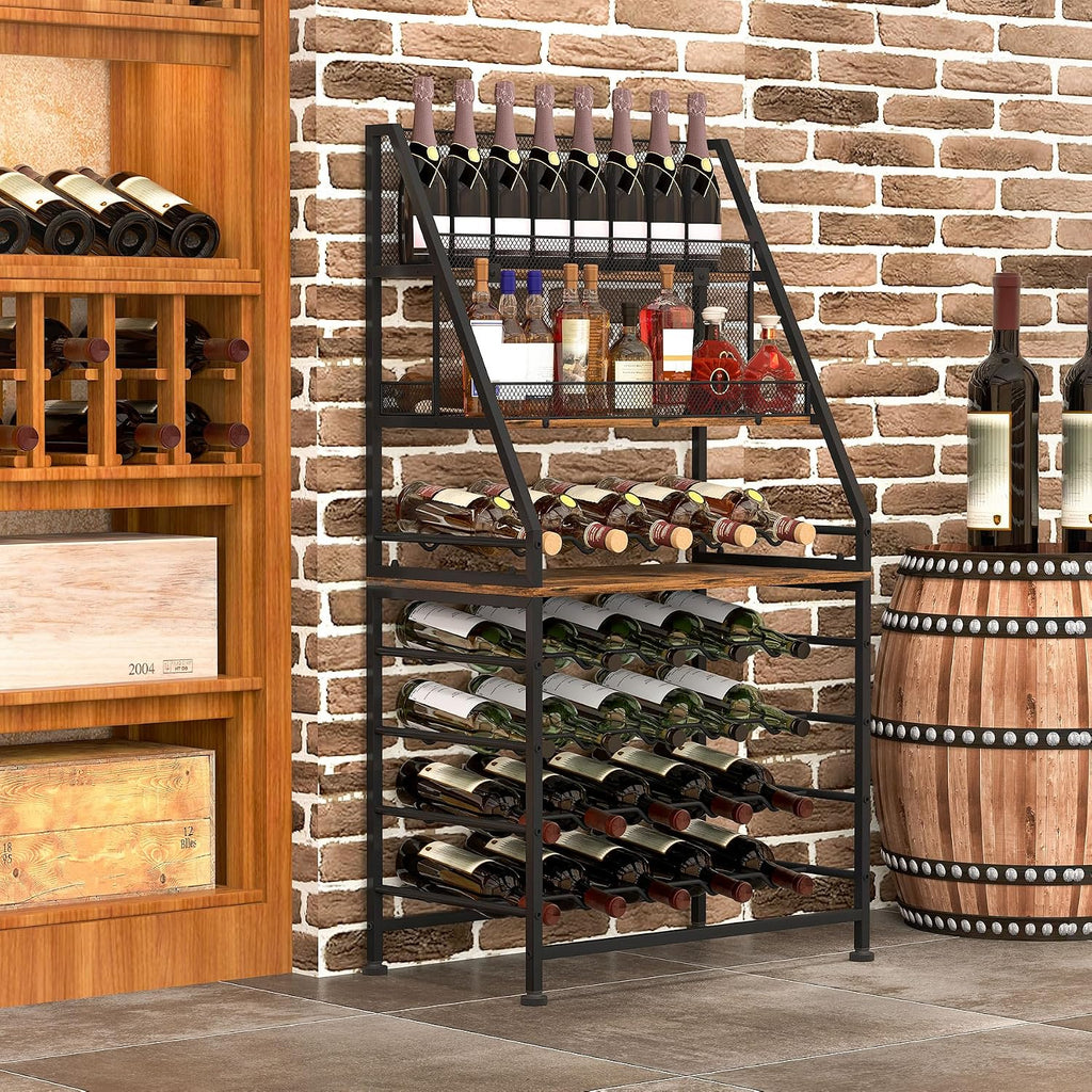 TQVAI Wine Rack Freestanding Floor Modular Split 40 Bottles Vertical Countertop Wine Racks Tall Liquor Bottle Display Shelf with Hidden Cork Organizer for Home Bar, Black/Antique
