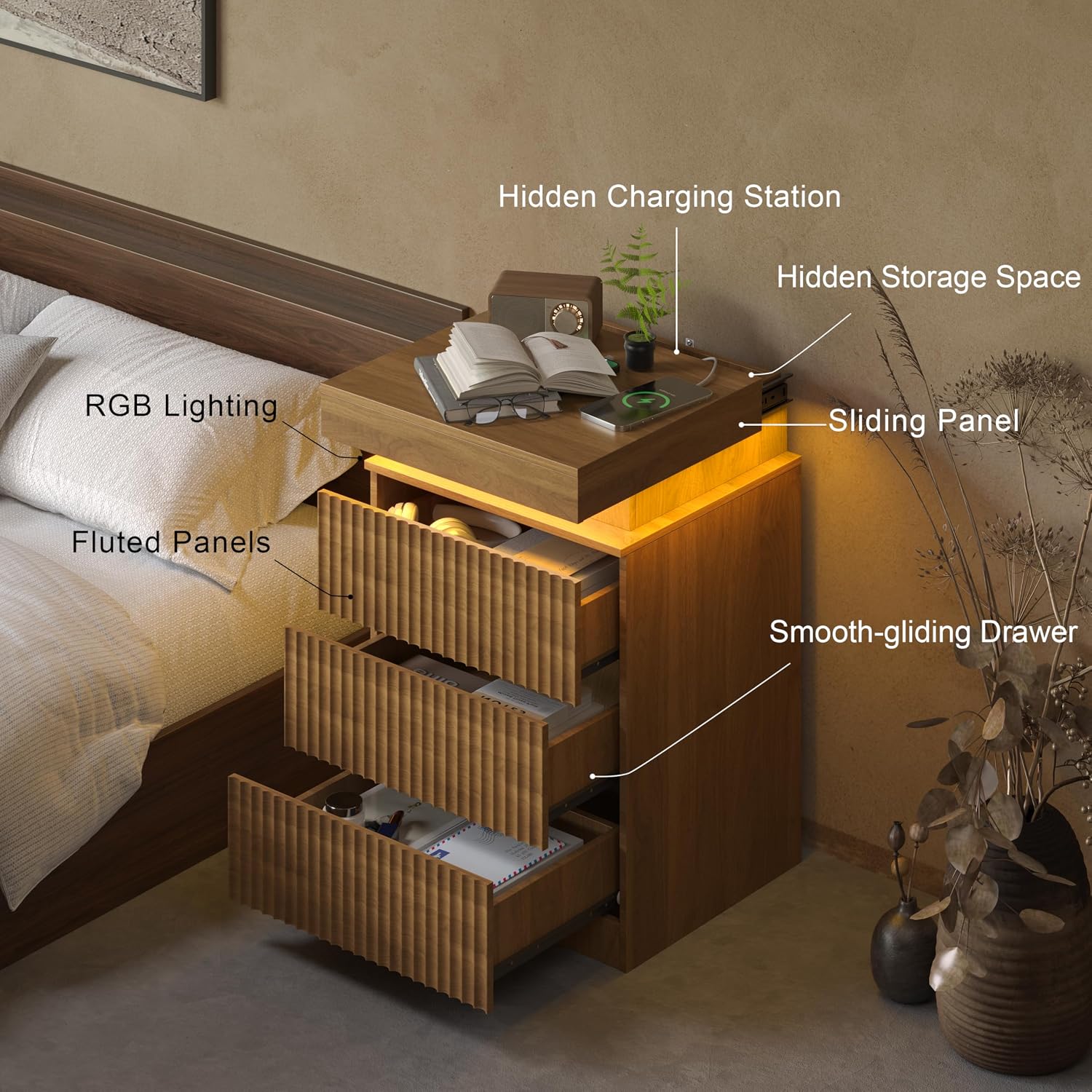 Nightstand Set of 2 for Bedroom, LED Nightstand with 3 Drawers and Charging Station, Mid Century Modern Fluted Nightstands, Bedside Tables & End Tables, Walnut