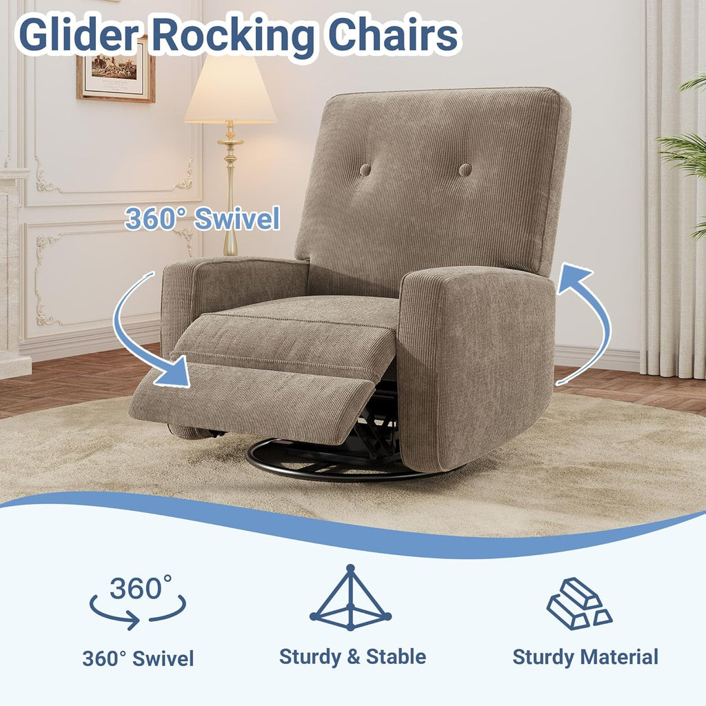 Garvee Nursery Recliner Chair, 360° Swivel Rocking Glider Chair for Adults with Adjustable Backrest & Footrest, Cozy Corduroy Upholstered Armchair for Living Rooms, Bedrooms, Apartments, Light Brown
