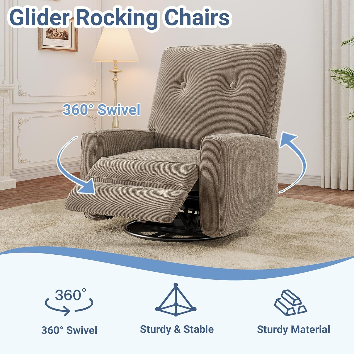 Garvee Nursery Recliner Chair, 360° Swivel Rocking Glider Chair for Adults with Adjustable Backrest & Footrest, Cozy Corduroy Upholstered Armchair for Living Rooms, Bedrooms, Apartments, Light Brown