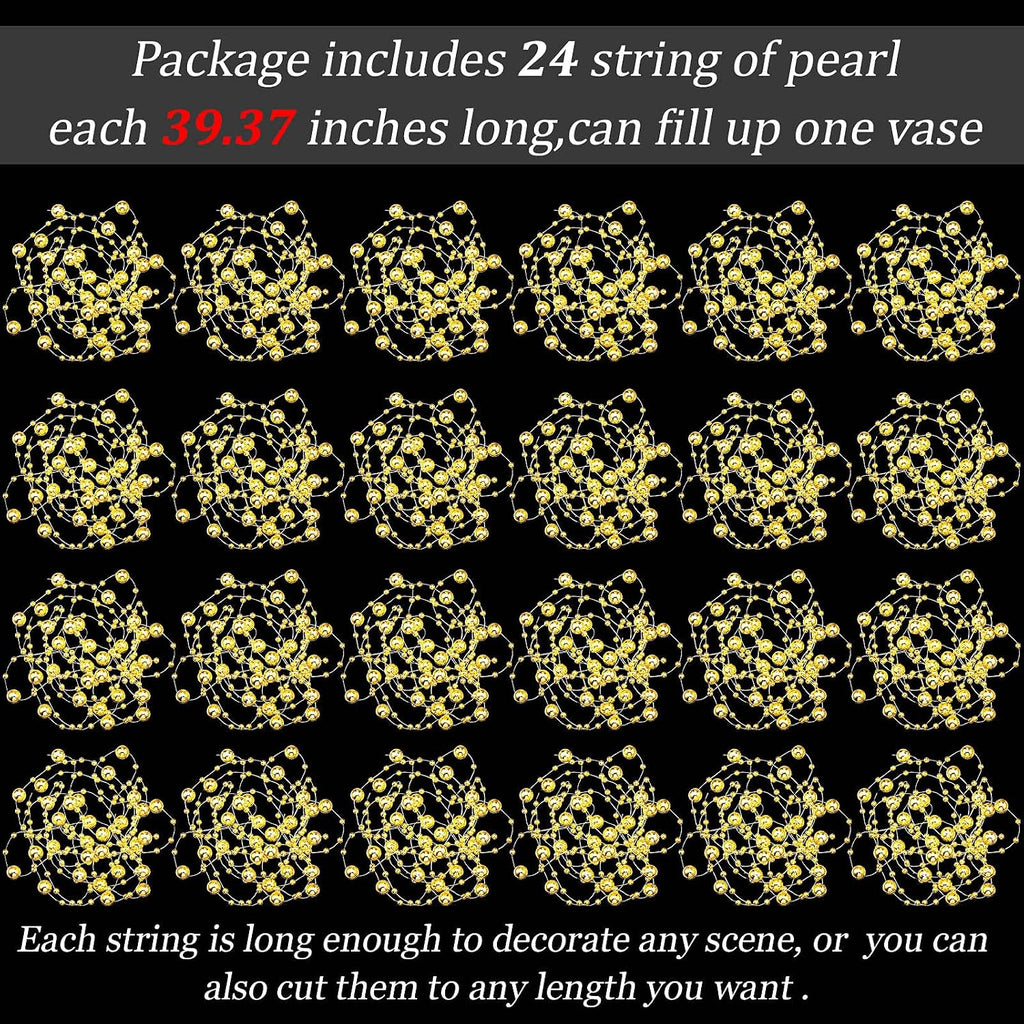 Tondiamo 24 Pcs Artificial Pearl String for Floating Candle Faux Pearls Beads String Garland Centerpiece Decoration for Vases Filler Wedding Spring Holiday Party Decor(Gold)