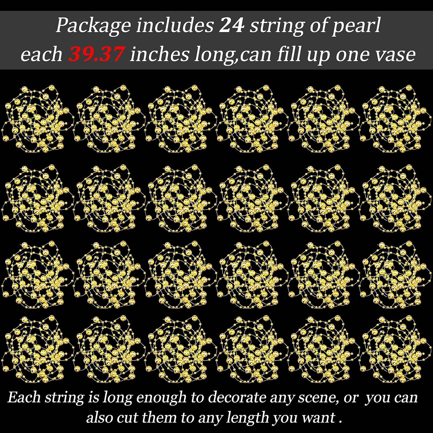 Tondiamo 24 Pcs Artificial Pearl String for Floating Candle Faux Pearls Beads String Garland Centerpiece Decoration for Vases Filler Wedding Spring Holiday Party Decor(Gold)
