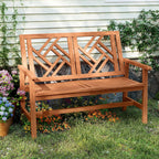 Tangkula Outdoor Wood Bench, 2-Person Patio Loveseat Chair with Geometric Backrest, Built-in Armrests & Slatted Seat, 660 lbs Weight Capacity, Garden Bench for Porch, Backyard & Poolside