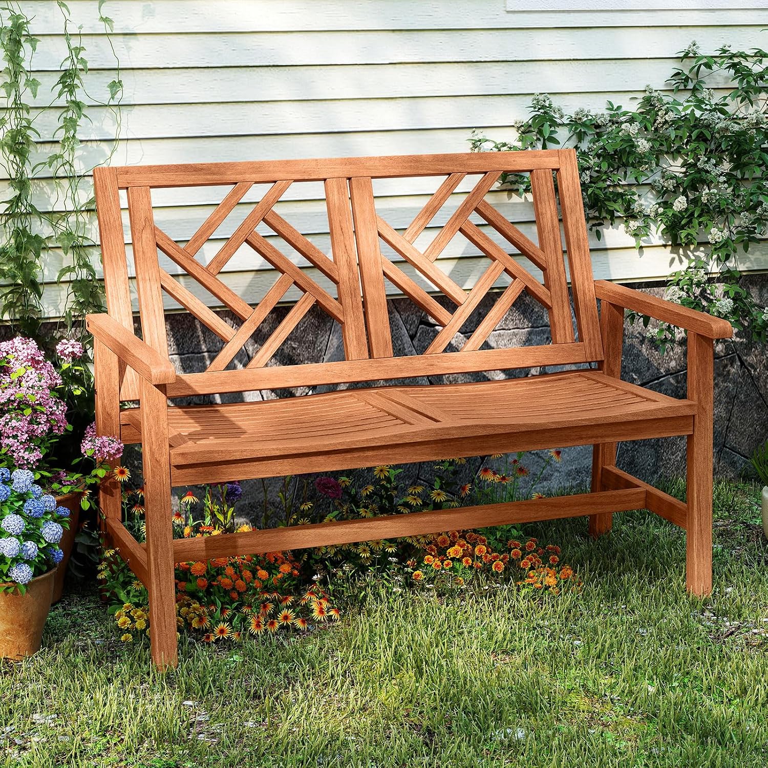 Tangkula Outdoor Wood Bench, 2-Person Patio Loveseat Chair with Geometric Backrest, Built-in Armrests & Slatted Seat, 660 lbs Weight Capacity, Garden Bench for Porch, Backyard & Poolside