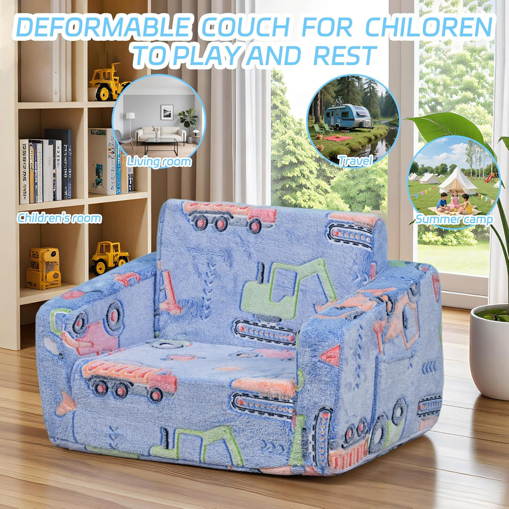 Toddler Couch 2-in-1 Glow in The Dark - Convertible Kids Sofa Chair to Lounger, Soft Plush Fold-Out Sofa Bed with Side Pocket, Washable Cover, Safe Non-Toxic Furniture for Boys Girls (Blue Car)
