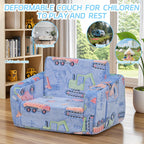 Toddler Couch 2-in-1 Glow in The Dark - Convertible Kids Sofa Chair to Lounger, Soft Plush Fold-Out Sofa Bed with Side Pocket, Washable Cover, Safe Non-Toxic Furniture for Boys Girls (Blue Car)